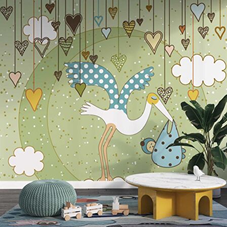 Bebek Getiren Sevimli Leylek Çocuk Odası Duvar Kağıdı Baskı