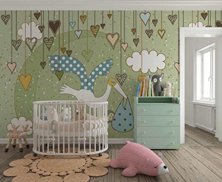 Bebek Getiren Sevimli Leylek Çocuk Odası Duvar Kağıdı Baskı
