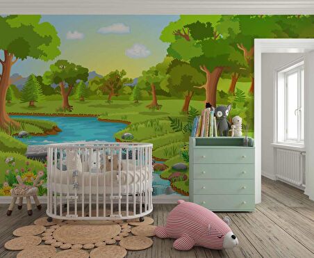 Nehir ve Orman Manzaralı Çocuk Odası Duvar Kağıdı Baskı