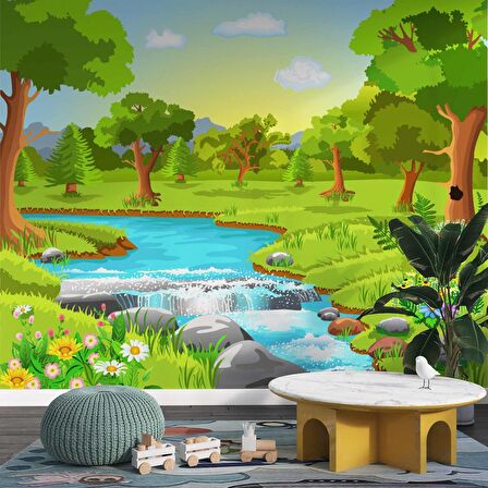 Nehir ve Orman Manzaralı Çocuk Odası Duvar Kağıdı Baskı