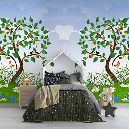 Meyve Ağaçlı Çocuk Odası Duvar Kağıdı Baskı