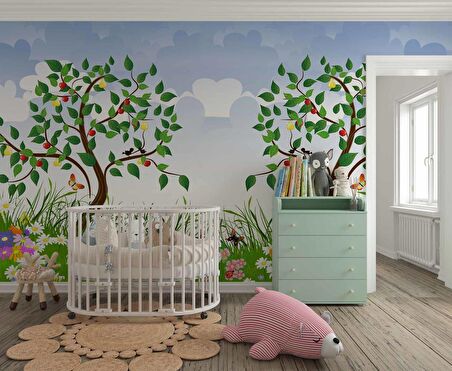 Meyve Ağaçlı Çocuk Odası Duvar Kağıdı Baskı