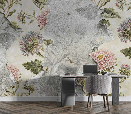 Pembe Gül ve Duvar Dokusu Desenli Duvar Kağıdı