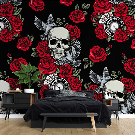 Kuru Kafa ve Kırmızı Gül Temalı Duvar Kağıdı