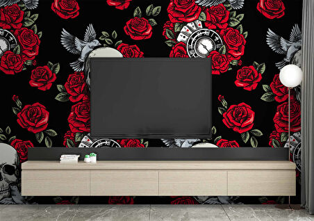 Kuru Kafa ve Kırmızı Gül Temalı Duvar Kağıdı