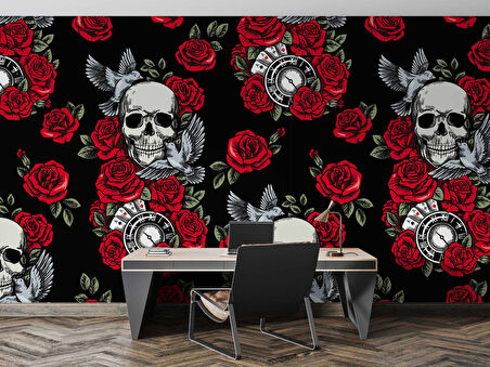 Kuru Kafa ve Kırmızı Gül Temalı Duvar Kağıdı