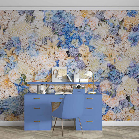 Beyaz Mavi Çiçek Desenli Duvar Kağıdı