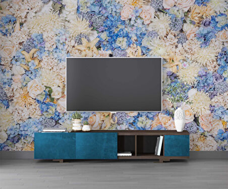 Beyaz Mavi Çiçek Desenli Duvar Kağıdı