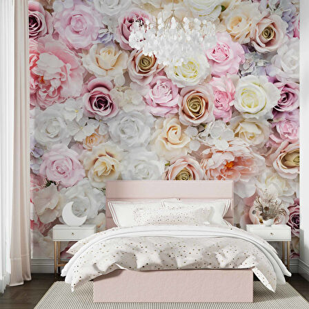 Pembe Beyaz Gül Desenli Duvar Kağıdı