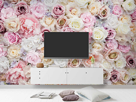 Pembe Beyaz Gül Desenli Duvar Kağıdı