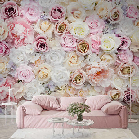 Pembe Beyaz Gül Desenli Duvar Kağıdı