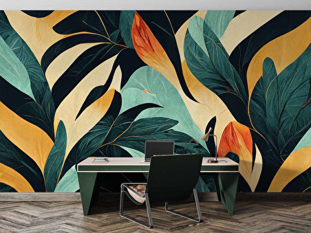 Sanatsal Yaprak Desenli Duvar Kağıdı