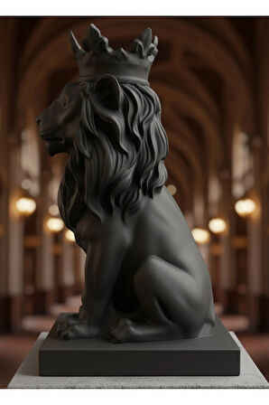 \text{Monark Taçlı Aslan Biblo (18 cm) - Beyaz/Siyah 3D Yazıcı Baskı Dekorasyon Ürünü}