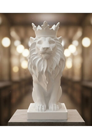 \text{Monark Taçlı Aslan Biblo (18 cm) - Beyaz/Siyah 3D Yazıcı Baskı Dekorasyon Ürünü}