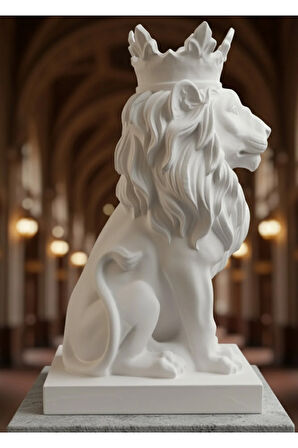 \text{Monark Taçlı Aslan Biblo (18 cm) - Beyaz/Siyah 3D Yazıcı Baskı Dekorasyon Ürünü}