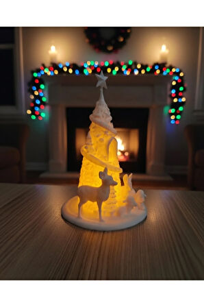 Kış Masalı Işıklı Noel Köyü - 3D Baskı Yılbaşı Dekorasyonu - (12x12x18cm)