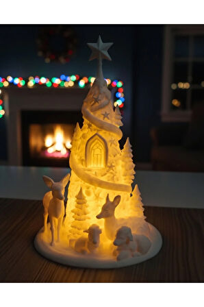 Kış Masalı Işıklı Noel Köyü - 3D Baskı Yılbaşı Dekorasyonu - (12x12x18cm)