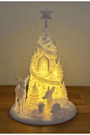 Kış Masalı Işıklı Noel Köyü - 3D Baskı Yılbaşı Dekorasyonu - (12x12x18cm)