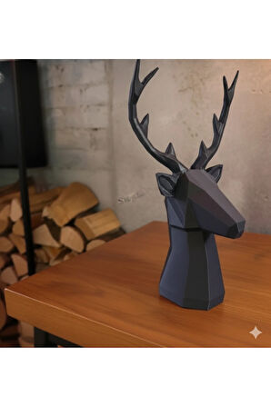 Geometrik Geyik Başı Dekoratif Heykel - 3D Baskı (Siyah & Beyaz) 25 Cm