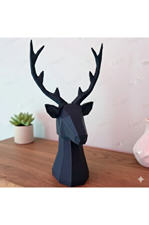Geometrik Geyik Başı Dekoratif Heykel - 3D Baskı (Siyah & Beyaz) 25 Cm