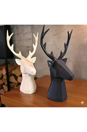 Geometrik Geyik Başı Dekoratif Heykel - 3D Baskı (Siyah & Beyaz) 25 Cm