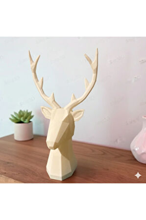 Geometrik Geyik Başı Dekoratif Heykel - 3D Baskı (Siyah & Beyaz) 25 Cm