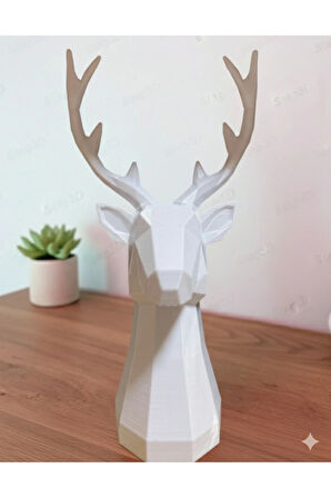 Geometrik Geyik Başı Dekoratif Heykel - 3D Baskı (Siyah & Beyaz) 25 Cm