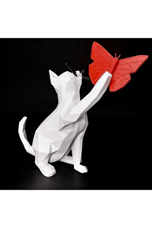 Kelebekle Oynayan Kedi Figürü 15 cm – Dekoratif Obje 3D Yazıcı Baskı PLA