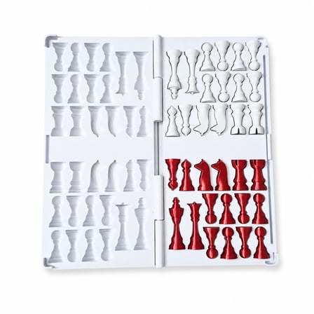 Katlanabilir Mini Satranç Takımı – Beyaz & Kırmızı | 21 x 21 cm | Taşınabilir Pratik Satranç Seti