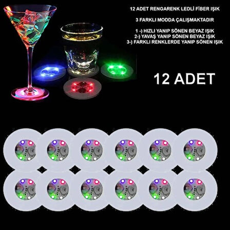 Renkli LED Işıklı Bardak Altlığı - 12 Adet, Pilli