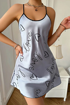Love Baskılı Gri Saten Gecelik
