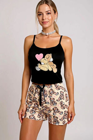Renkli Ayıcık Desenli Askılı Şortlu Kadın Pijama Takımı