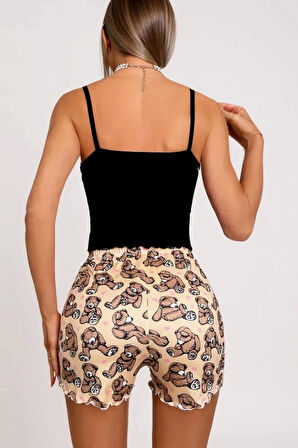 Renkli Ayıcık Desenli Askılı Şortlu Kadın Pijama Takımı