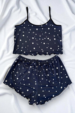 Yıldız Desenli Lacivert Şortlu Pijama Takımı