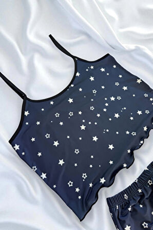 Yıldız Desenli Lacivert Şortlu Pijama Takımı