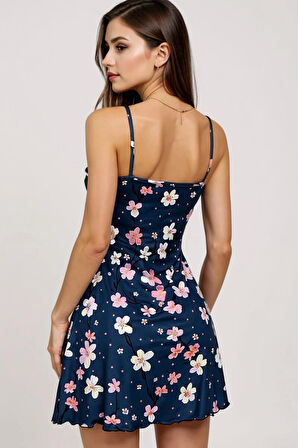 Çiçek Desenli Mavi Askılı Gecelik