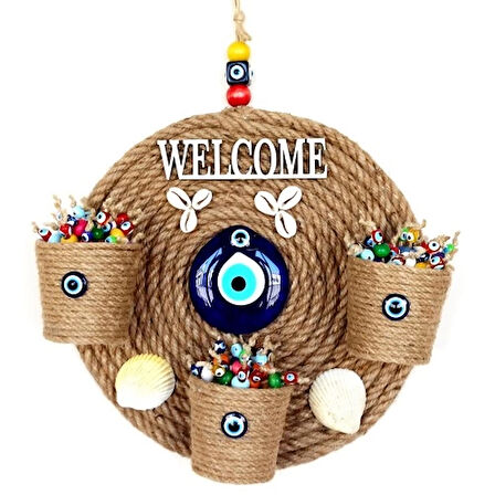 Üç Saksılı Welcome Yazılı Deniz Kabuklu Nazar Boncuklu Hasır Kapı Süsü