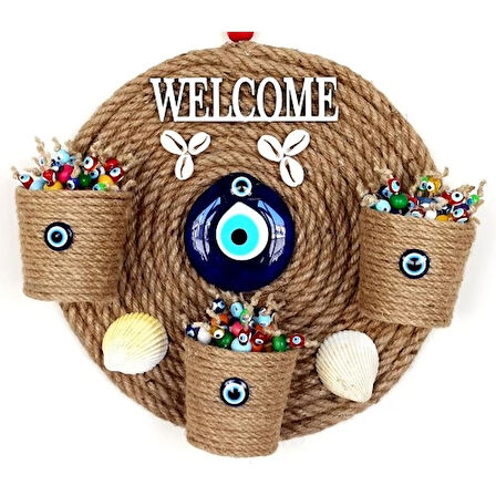 Üç Saksılı Welcome Yazılı Deniz Kabuklu Nazar Boncuklu Hasır Kapı Süsü