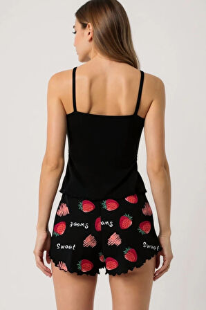 Çilek Baskılı Siyah Askılı Şortlu Pijama Takımı