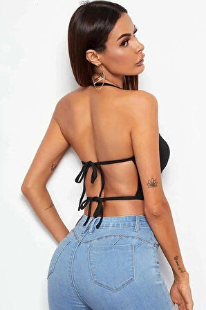 Tegan Kadın Sırtı Açık Siyah Belden Bağlamalı Crop Büstiyer TG275441