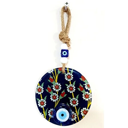 Çiçek Desenli Lacivert Nazar Boncuklu Füzyon Cam Duvar Süsü