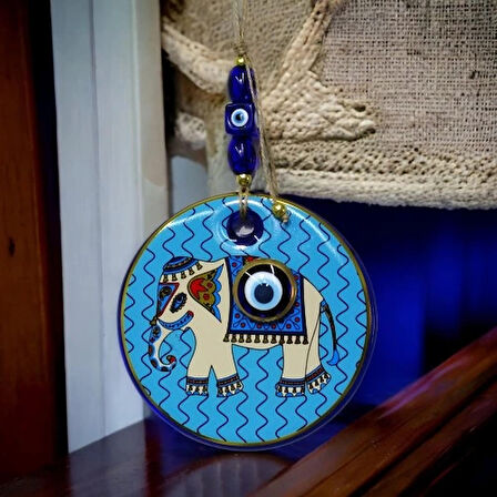 Yaldızlı Fil Modelli Nazar Boncuklu Duvar Süsü Mavi Camlı Duvar Dekoru