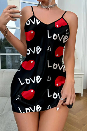 Love Desenli Siyah Saten Gecelik