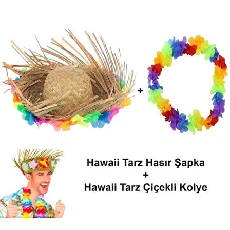 Hawaii Tarzı Tropikal Çiçekli Hasır Şapka ve Çiçekli Hawaii Kolye