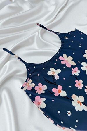 Çiçek Desenli Mavi Askılı Gecelik