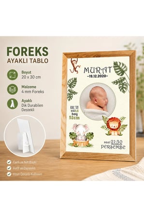 Kişiye Özel Erkek Bebek Doğum Panosu 20x30 cm Aslan Fil Temalı 4 mm Foreks Ayaklı Hatıra Tablosu (Sürpriz Hediyeli)