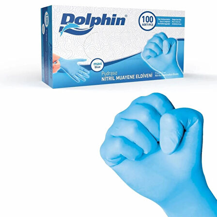 Dolphin L Beden, Mavi, Nitril, Muayene Eldiveni, Pudrasız, Latekssiz, Kutuda 100 Adet