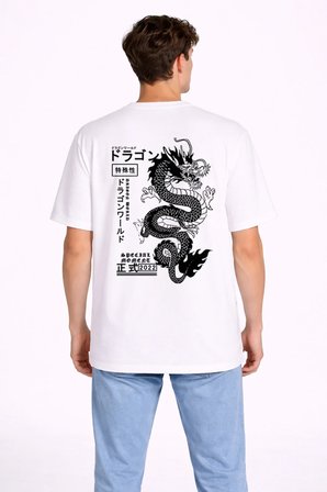 Oversize Erkek Tişört Arkası Baskılı Dragon Japon Style Streetwear Beyaz Grafik