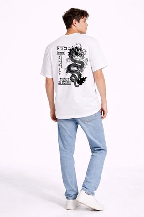 Oversize Erkek Tişört Arkası Baskılı Dragon Japon Style Streetwear Beyaz Grafik