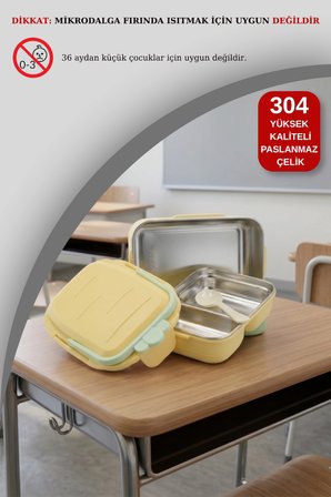 Paslanmaz Çelik İki Katlı İlk ve Orta Okul Piknik Çatal Kaşık Setli Yemek ve Beslenme Kabı 1300 ml